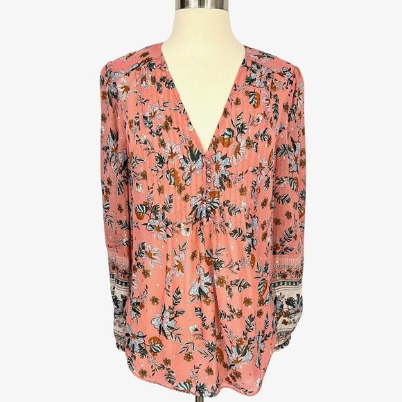 VERONICA BEARD Tops - Veronica Beard Blouse Womens 8 Pink Floral Boho V Neck Long Sleeve Tunic Top